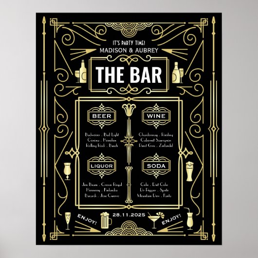 Art Deco Bruiloftsfeest Bar Wijn Bier Dranken Menu Poster (Voorkant)