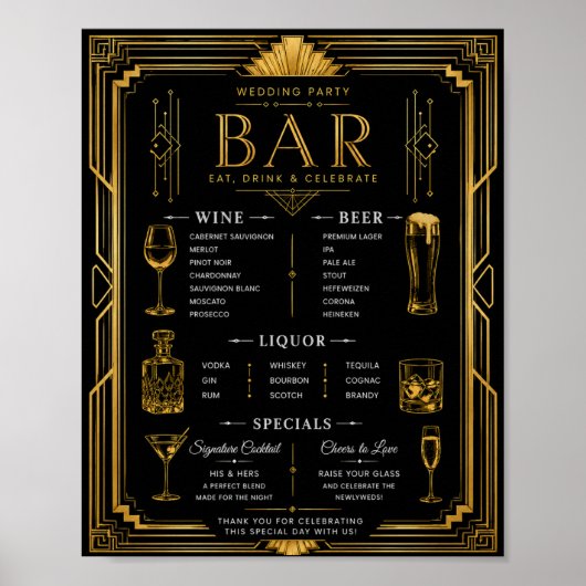 Art Deco Bruiloftsfeest Bar Wijn Bier Likeur Menu Poster (Voorkant)