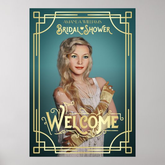 Art Deco Bruiloftsfeest Foto Welkom Turquoise Poster (Voorkant)