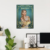 Art Deco Bruiloftsfeest Foto Welkom Turquoise Poster (Thuiskantoor)