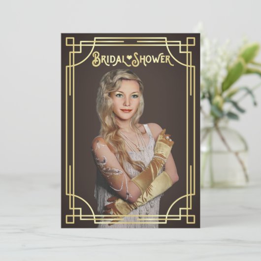 Art Deco Bruiloftsfeestje Goud Chocolade Jouw Foto Kaart (Staand voorkant)
