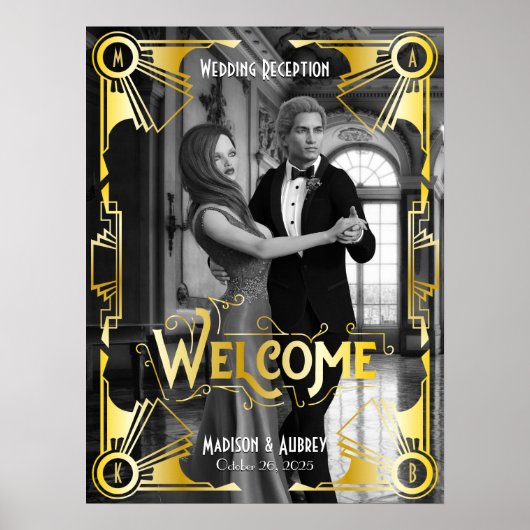 Art Deco Bruiloftsreceptie Welkom Goud Foto Poster (Voorkant)
