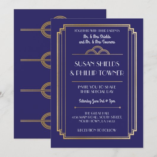 Art Deco Bruiloftsuitnodigingen Navy & Gold 1920's Kaart (Voorkant / Achterkant)