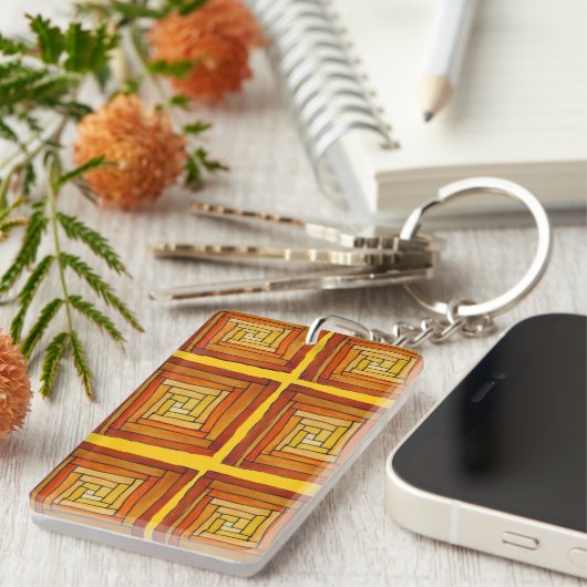 Art Deco-bruin en geel vierkant patroon Sleutelhanger (Voorkant Rechts)