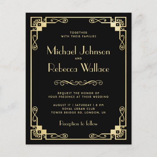  Art Deco Budget Black Wedding Uitnodiging (Voorkant)