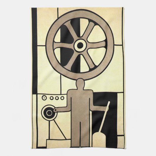  Art Deco Business Wheel and Machine Worker Theedoek (Verticaal)