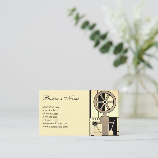 Art Deco Business Wheel and Machine Worker Visitekaartje (Staand voorkant)