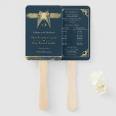Art Deco Butterfly Blauw Goud Trouwprogramma Handwaaier (Voorkant en achterkant)