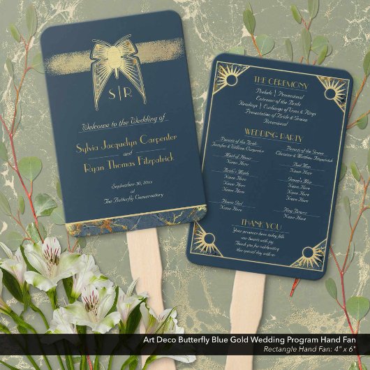 Art Deco Butterfly Blauw Goud Trouwprogramma Handwaaier