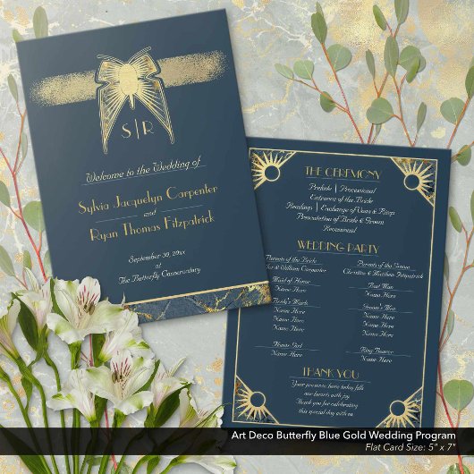 Art Deco Butterfly Blauw Goud Trouwprogramma Save The Date