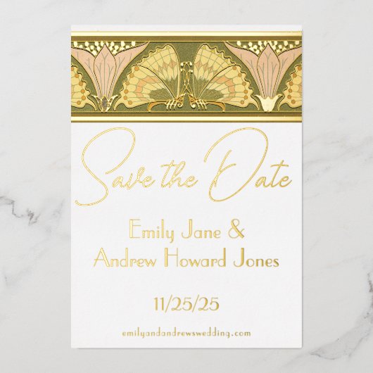 Art Deco Butterfly Calla Lily Bewaar de datum Folie Uitnodiging (Voorkant)