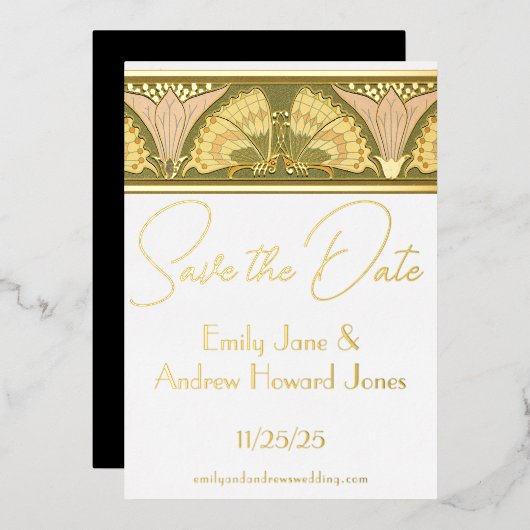 Art Deco Butterfly Calla Lily Bewaar de datum Folie Uitnodiging (Voorkant / Achterkant)