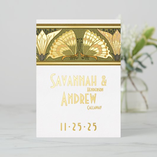 Art Deco Butterfly Calla Lily Bewaar de datum Folie Uitnodiging (Staand Voorkant)