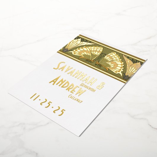 Art Deco Butterfly Calla Lily Bewaar de datum Folie Uitnodiging (Gedraaid)