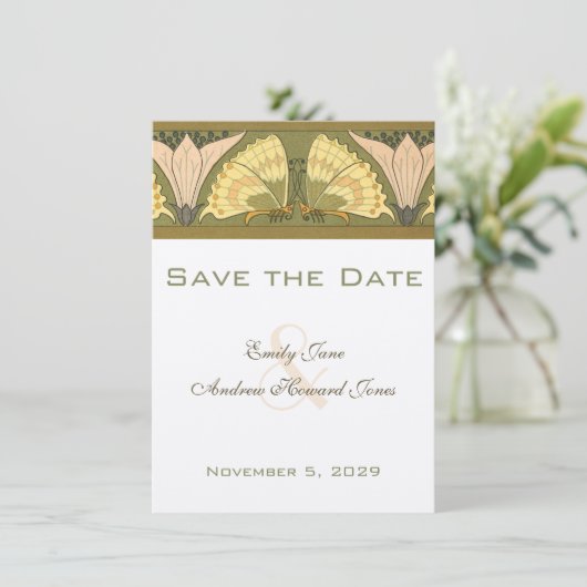 Art Deco Butterfly Calla Lily Wedding Uitnodiging (Staand voorkant)