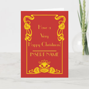 Art Deco Calligraphy Red Gold Kerstmis Kaart