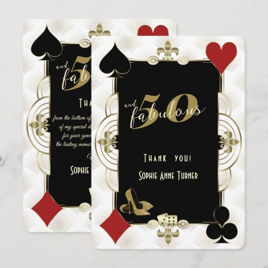 Art Deco Casino Poker 50 en Fabulous Verjaardag Bedankkaart (Voorkant / Achterkant)