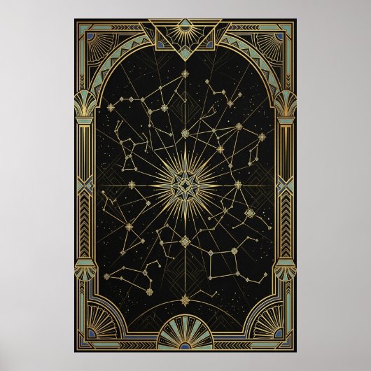 Art Deco Celestial Star Chart Poster | Gold Teal (Voorkant)