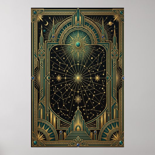 Art Deco Celestial Star Map Poster | Gold Teal (Voorkant)
