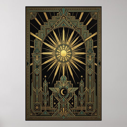 Art Deco Celestial Sun & Moon Poster | Gold Geomet (Voorkant)