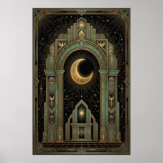 Art Deco Celestial Temple Poster | Gold Sunburst (Voorkant)