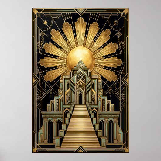Art Deco Celestial Temple Poster | Gold Sunburst (Voorkant)