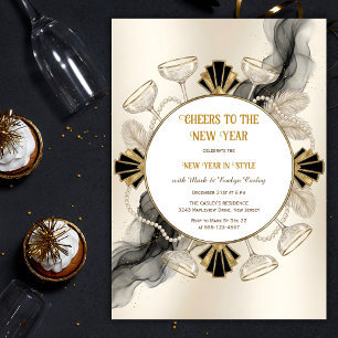 Art Deco Champagne & Parels Prost op het Nieuwe Ja Kaart