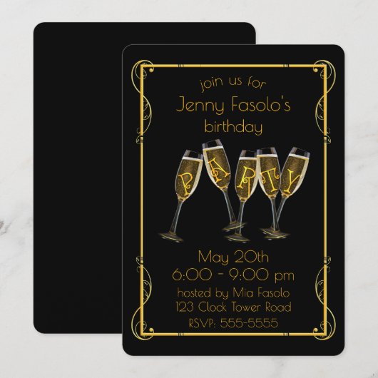 Art Deco Champagne Party Kaart (Voorkant / Achterkant)