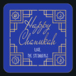 Art Deco Chanukkah Blue en Gold Design Vierkante Sticker<br><div class="desc">"Chanukah Happy/Gold" Sticker Square. Veel plezier met het gebruik van deze stickers als taarttoppers, cadeautjes, labels, tassluitingen of wat voor rotsen je festiviteiten ook mogen hebben! De achtergrondkleur kan worden gewijzigd door een andere kleur te selecteren dan kleurstalen. Personaliseer door tekst te schrappen, en uw eigen woorden toe te voegen,...</div>