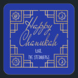 Art Deco Chanukkah Blue en Gold Design Vierkante Sticker<br><div class="desc">"Chanukah Happy/Gold" Sticker Square. Veel plezier met het gebruik van deze stickers als taarttoppers, cadeautjes, labels, tassluitingen of wat voor rotsen je festiviteiten ook mogen hebben! De achtergrondkleur kan worden gewijzigd door een andere kleur te selecteren dan kleurstalen. Personaliseer door tekst te schrappen, en uw eigen woorden toe te voegen,...</div>