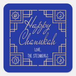 Art Deco Chanukkah Blue en Gold Design Vierkante Sticker