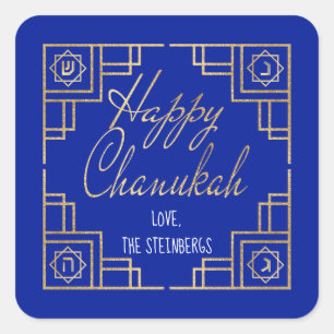 Art Deco Chanukkah Blue en Gold Design Vierkante Sticker
