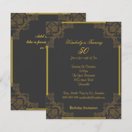 Art Deco Charcoal 50th Birthday Invitation Kaart (Voorkant / Achterkant)