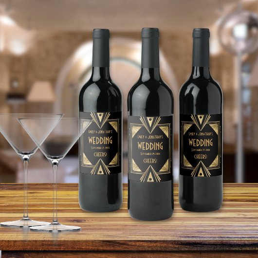 Art Deco Cheers Goud Zwart Bruiloft Wijn Etiket