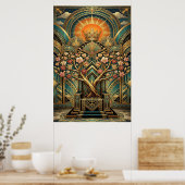 Art Deco Cherry Blossom Tree Throne Gold Teal Poster (Keuken)