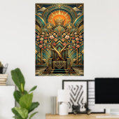 Art Deco Cherry Blossom Tree Throne Gold Teal Poster (Thuiskantoor)