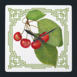 Art Deco Cherry Square Wall klok<br><div class="desc">Rode Cherry Fruit Illustration met Leaves en Green Art Deco Border.</div>