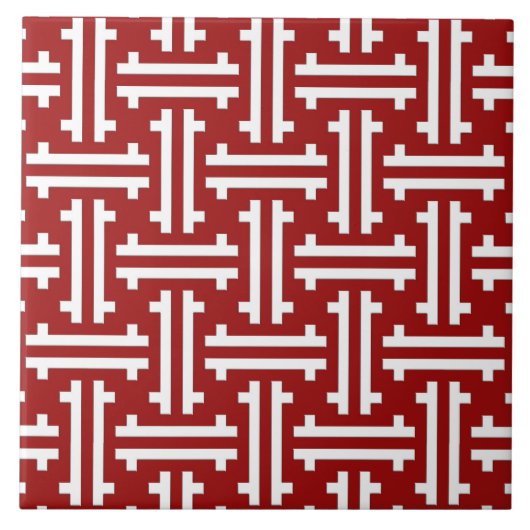 Art Deco Chinese Fret, Donkerrood en wit Tegeltje (Voorkant)