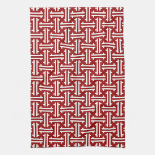Art Deco Chinese Fret, Donkerrood en wit Theedoek