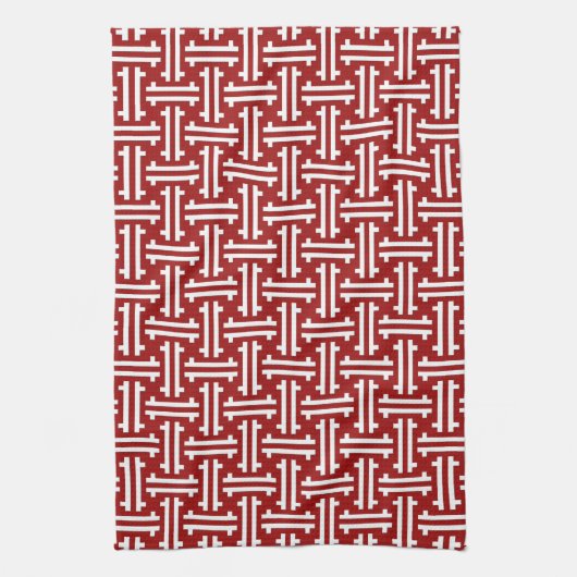 Art Deco Chinese Fret, Donkerrood en wit Theedoek (Verticaal)