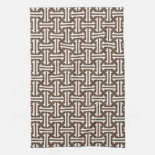 Art Deco Chinese Fret, Taupe Tan en White Theedoek