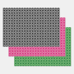 Art Deco Chinese Fret, Zwart-wit, Roze, Groen  Inpakpapier Vel