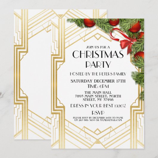 Art Deco Christmas Nodig Gatsby 1920's Party Gold  Kaart (Voorkant / Achterkant)