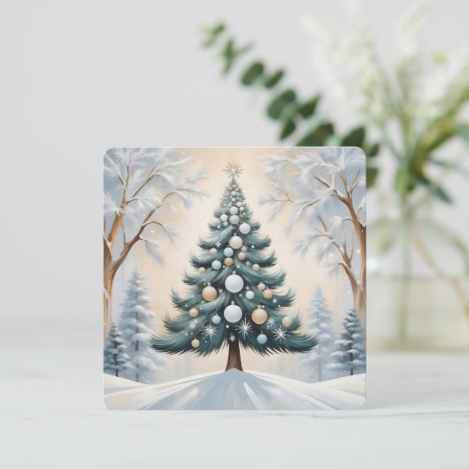 Art Deco Christmas Pine Tree Goud Witte Ornamenten Feestdagenkaart (Staand voorkant)