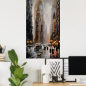 Art Deco Cityscape: natte straten en wolkenkrabber Poster (Thuiskantoor)