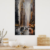 Art Deco Cityscape: natte straten en wolkenkrabber Poster (Keuken)