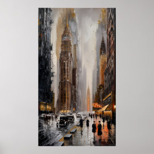 Art Deco Cityscape: natte straten en wolkenkrabber Poster