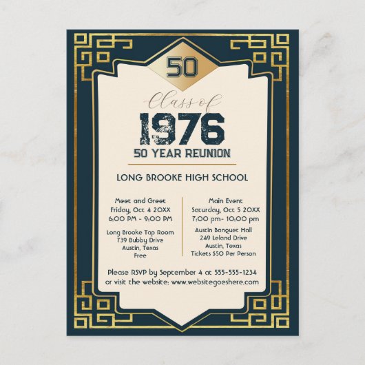 Art Deco Class of 1976 50 Year High School Reunion Briefkaart (Voorkant)