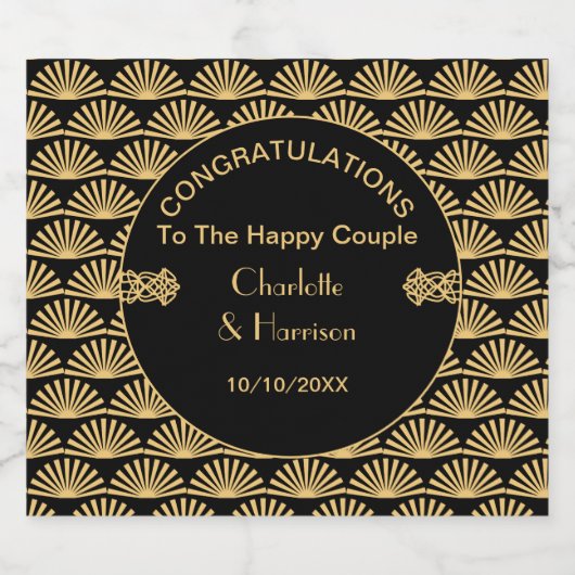 Art Deco Classy Black Gold Wedding Sparkling Wijnetiket (Enkel label)