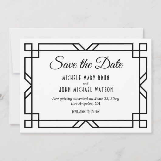 Art Deco Classy Custom Elegant Black White Wedding Save The Date (Voorkant)
